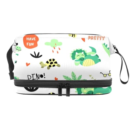 Coole Dinosaurier und Schildkröte Doppellagige Kosmetiktasche für Frauen und Mädchen, Reise-Kulturbeutel, Make-up, praktische Tasche, Organizer-Tasche mit Pinselfach, multi, 27x15x14 cm/10.6x5.9x5.5 von VAPOKF