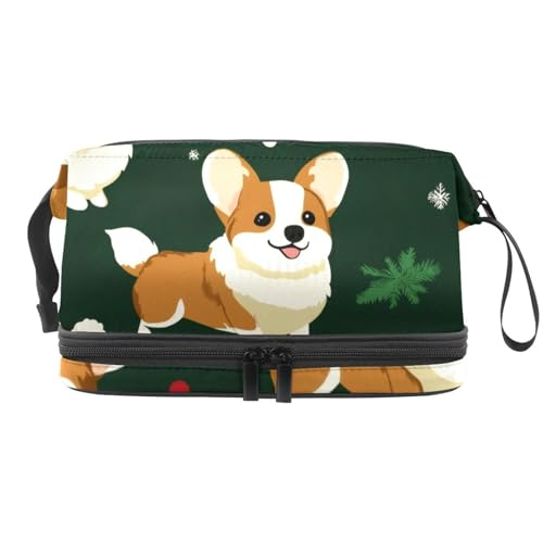 Corgi Hunde Weihnachten Doppellagige Kosmetiktasche für Frauen und Mädchen, Reise-Kulturbeutel, Make-up, praktische Tasche, Organizer Tasche mit Pinselfach, multi, 27x15x14 cm/10.6x5.9x5.5 in, von VAPOKF