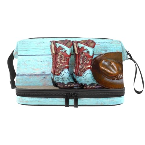 Cowboystiefel und Hut, rustikale Holz-Kosmetiktasche, doppellagig, für Damen und Mädchen, Reise-Kulturbeutel, Make-up, praktische Tasche, Organizer, Tasche mit Pinselfach, multi, 27x15x14 Cowboystiefel und Hut, rustikale Holz-Kosmetiktasche, doppellagig, für Damen und Mädchen, Reise-Kulturbeutel, Make-up, praktische Tasche, Organizer, Tasche mit Pinselfach, multi, 27x15x14 von VAPOKF