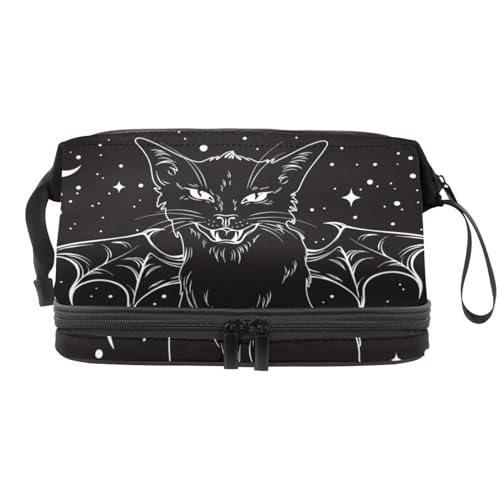 Creepy Black Cat with Monster Wings Double Layer Cosmetic Bag for Women and Girls, Travel Toiletry Bag Makeup Handy Pouch Organizer Bag with Brush Compartment, multi, 27x15x14 cm/10.6x5.9x5.5 in, von VAPOKF