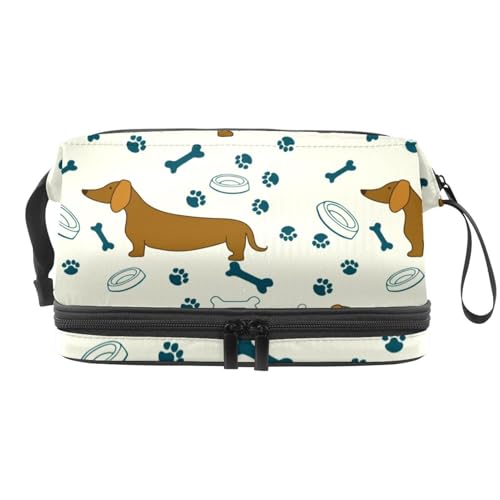 Dackel Hunde Knochen Pfotenabdrücke und Schalen Doppellagige Kosmetiktasche für Frauen und Mädchen, Reise-Kulturbeutel, Make-up, praktische Tasche, Organizer Tasche mit Pinselfach, multi, 27x15x14 von VAPOKF