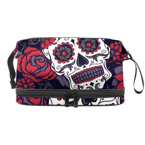 Day of the Dead Sugar Skull with Floral Double Layer Cosmetic Bag for Women and Girls, Travel Toiletry Bag Makeup Handy Pouch Organizer Bag with Brush Compartment, multi, 27x15x14 cm/10.6x5.9x5.5 in, von VAPOKF