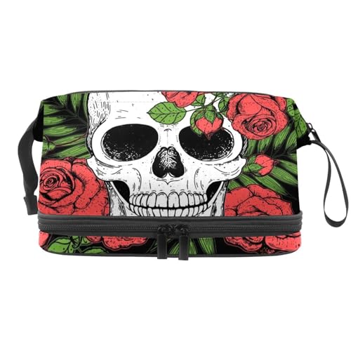 Day of the Dead Sugar Skull with Red Roses Double Layer Cosmetic Bag for Women and Girls, Travel Toiletry Bag Makeup Handy Pouch Organizer Bag with Brush Compartment, multi, 27x15x14 cm/10.6x5.9x5.5 von VAPOKF
