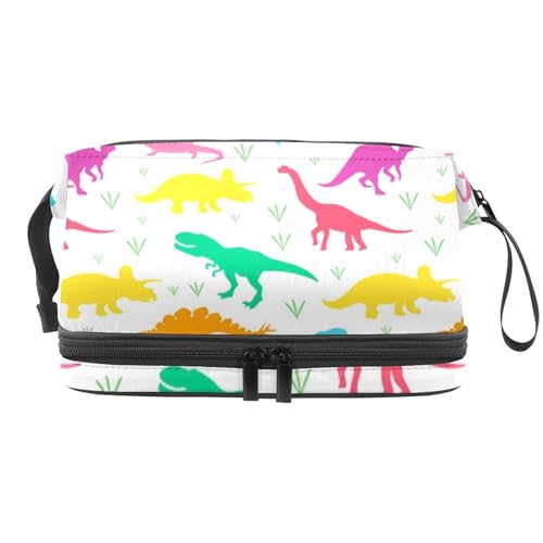 Dinosaurier-Kosmetiktasche für Damen und Mädchen, doppellagig, Reise-Kulturbeutel, Make-up, praktische Tasche, Organizer-Tasche mit Pinselfach, multi, 27x15x14 cm/10.6x5.9x5.5 in, Kulturbeutel von VAPOKF