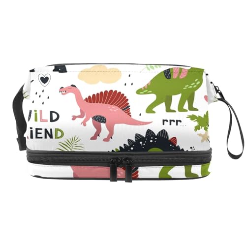 Dinosaurier-Kosmetiktasche für Frauen und Mädchen, doppellagig, Reise-Kulturbeutel, Make-up, praktische Tasche, Organizer-Tasche mit Pinselfach, multi, 27x15x14 cm/10.6x5.9x5.5 in, Kulturbeutel von VAPOKF