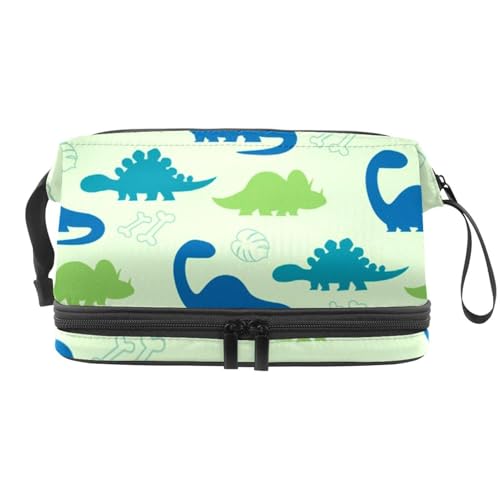 Dinosaurier-Kosmetiktasche mit Palmenblatt und Knochen, doppellagig, für Damen und Mädchen, Reise-Kulturbeutel, Make-up, praktische Tasche, Organizer-Tasche mit Pinselfach, multi, 27x15x14 von VAPOKF