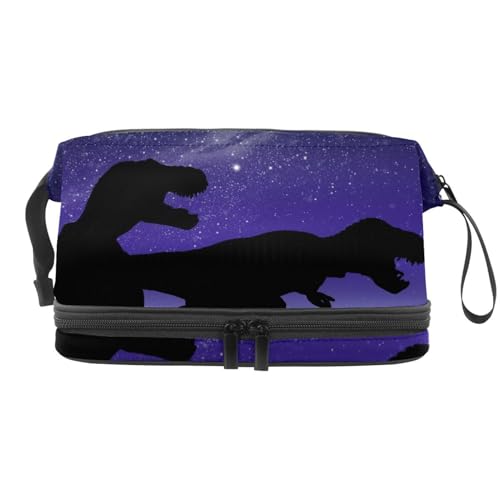 Dinosaurier-Silhouette bei Sternennacht, doppellagige Kosmetiktasche für Damen und Mädchen, Reise-Kulturbeutel, Make-up, praktische Tasche, Organizer-Tasche mit Pinselfach, multi, 27x15x14 von VAPOKF