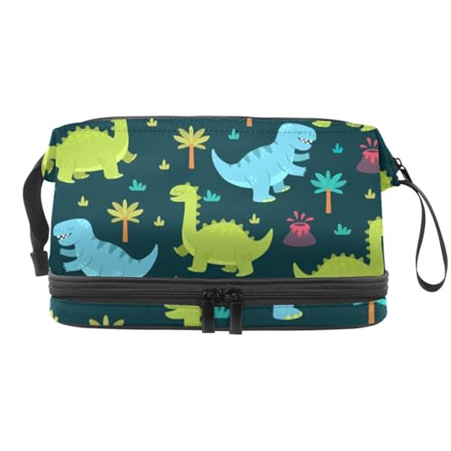 Dinosaurier im Wald Doppellagige Kosmetiktasche für Frauen und Mädchen, Reise-Kulturbeutel, Make-up, praktische Tasche, Organizer-Tasche mit Pinselfach, multi, 27x15x14 cm/10.6x5.9x5.5 in, von VAPOKF