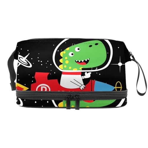 Dinosaurier im Weltraum Doppellagige Kosmetiktasche für Frauen und Mädchen, Reise-Kulturbeutel, Make-up, praktische Tasche, Organizer-Tasche mit Pinselfach, multi, 27x15x14 cm/10.6x5.9x5.5 in, von VAPOKF