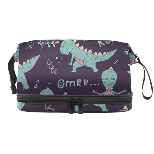 Dinosaurier im Yoga Asanas Doppellagige Kosmetiktasche für Frauen und Mädchen, Reise-Kulturbeutel, Make-up, praktische Tasche, Organizer-Tasche mit Pinselfach, multi, 27x15x14 cm/10.6x5.9x5.5 in, von VAPOKF