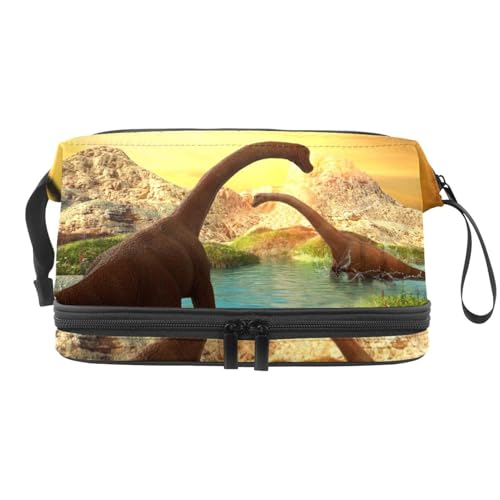 Dinosaurier in See Berglandschaft Doppellagige Kosmetiktasche für Damen und Mädchen, Reise-Kulturbeutel, Make-up, praktische Tasche, Organizer Tasche mit Pinselfach, multi, 27x15x14 cm/10.6x5.9x5.5 von VAPOKF