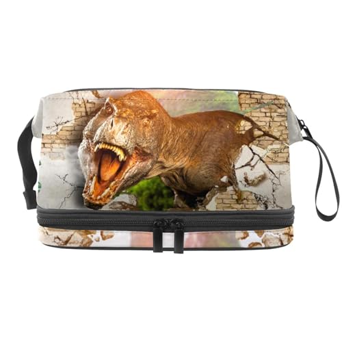 Dinosaurier in gebrochener Wand Riss Doppellagige Kosmetiktasche für Frauen und Mädchen, Reise-Kulturbeutel, Make-up, praktische Tasche, Organizer-Tasche mit Pinselfach, multi, 27x15x14 von VAPOKF