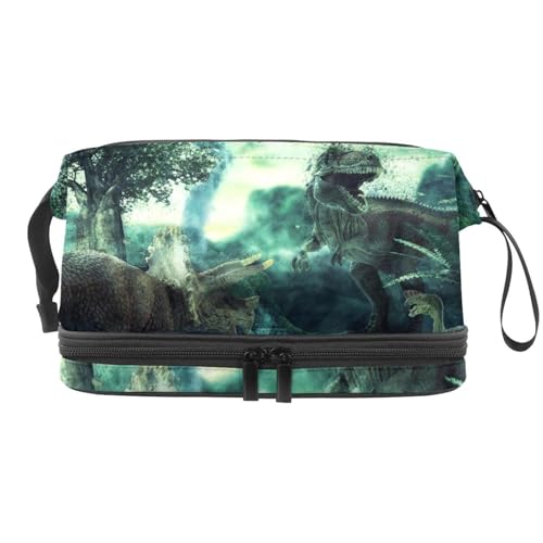 Dinosaurier mit fliegender Fledermaus, doppellagige Kosmetiktasche für Frauen und Mädchen, Reise-Kulturbeutel, Make-up, praktische Tasche, Organizer-Tasche mit Pinselfach, multi, 27x15x14 von VAPOKF