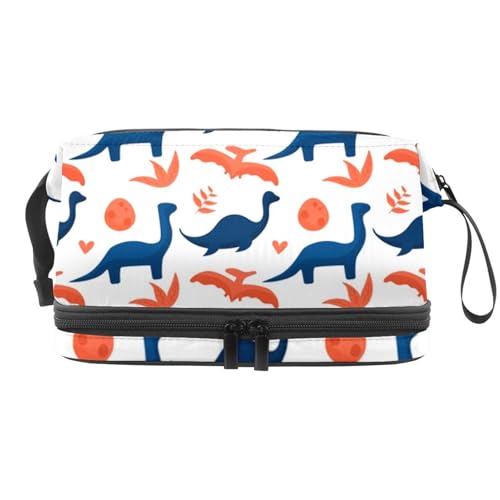 Dinosaurier und Ei mit fliegender Fledermaus, doppellagige Kosmetiktasche für Frauen und Mädchen, Reise-Kulturbeutel, Make-up, praktische Tasche, Organizer-Tasche mit Pinselfach, multi, 27x15x14 von VAPOKF
