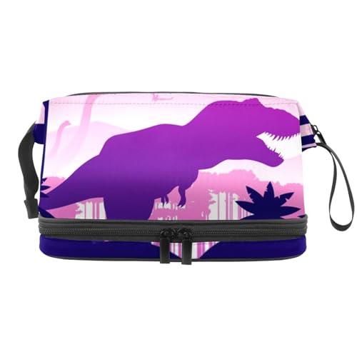 Dinosaurier und Fledermaus im Wald Doppellagige Kosmetiktasche für Frauen und Mädchen, Reise-Kulturbeutel, Make-up, praktische Tasche, Organizer-Tasche mit Pinselfach, multi, 27x15x14 cm/10.6x5.9x5.5 von VAPOKF
