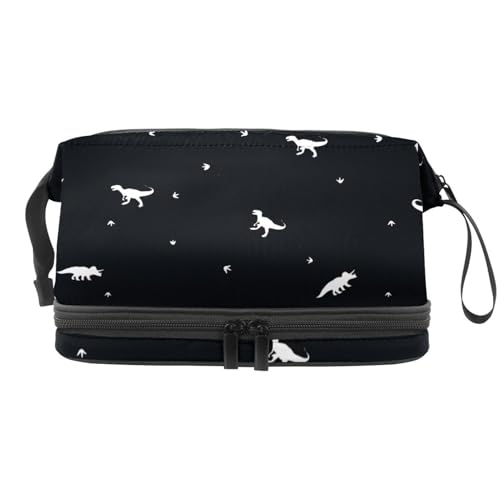 Dinosaurier und Fußabdrücke Doppellagige Kosmetiktasche für Frauen und Mädchen, Reise-Kulturbeutel, Make-up, praktische Tasche, Organizer-Tasche mit Pinselfach, multi, 27x15x14 cm/10.6x5.9x5.5 in, von VAPOKF