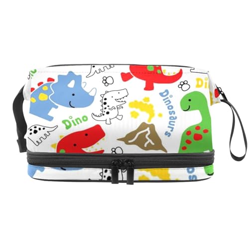 Dinosaurier und Fußabdrücke Doppellagige Kosmetiktasche für Frauen und Mädchen, Reise-Kulturbeutel, Make-up, praktische Tasche, Organizer-Tasche mit Pinselfach, multi, 27x15x14 cm/10.6x5.9x5.5 in, von VAPOKF