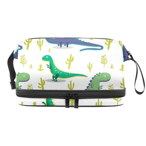 Dinosaurier und Kaktus Doppellagige Kosmetiktasche für Frauen und Mädchen, Reise-Kulturbeutel, Make-up, praktische Tasche, Organizer-Tasche mit Pinselfach, multi, 27x15x14 cm/10.6x5.9x5.5 in, von VAPOKF