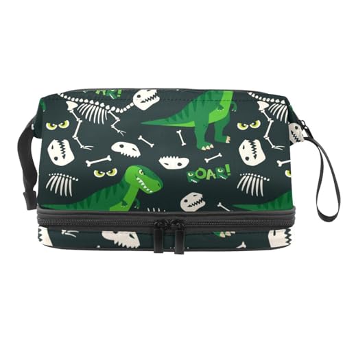 Dinosaurier und Knochen Doppellagige Kosmetiktasche für Frauen und Mädchen, Reise-Kulturbeutel, Make-up, praktische Tasche, Organizer-Tasche mit Pinselfach, multi, 27x15x14 cm/10.6x5.9x5.5 in, von VAPOKF