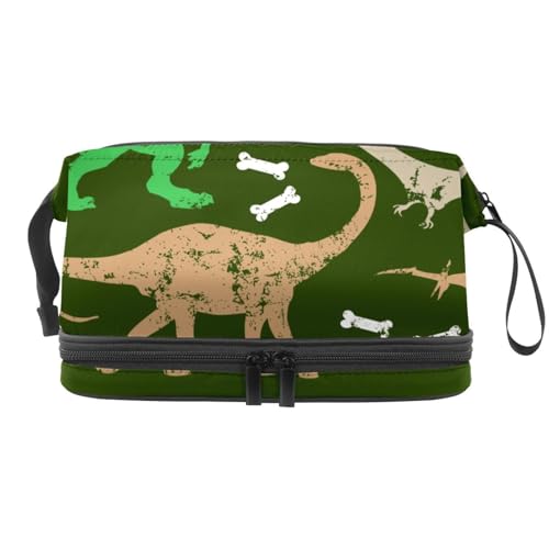 Dinosaurier und Knochen Doppellagige Kosmetiktasche für Frauen und Mädchen, Reise-Kulturbeutel, Make-up, praktische Tasche, Organizer-Tasche mit Pinselfach, multi, 27x15x14 cm/10.6x5.9x5.5 in, von VAPOKF