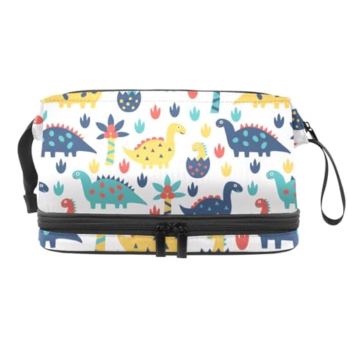 Dinosaurier und Kokosnussbaum Doppellagige Kosmetiktasche für Frauen und Mädchen, Reise-Kulturbeutel, Make-up, praktische Tasche, Organizer-Tasche mit Pinselfach, multi, 27x15x14 cm/10.6x5.9x5.5 in, von VAPOKF