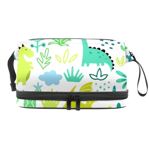 Dinosaurier und Pflanzen Doppellagige Kosmetiktasche für Frauen und Mädchen, Reise-Kulturbeutel, Make-up, praktische Tasche, Organizer-Tasche mit Pinselfach, multi, 27x15x14 cm/10.6x5.9x5.5 in, von VAPOKF