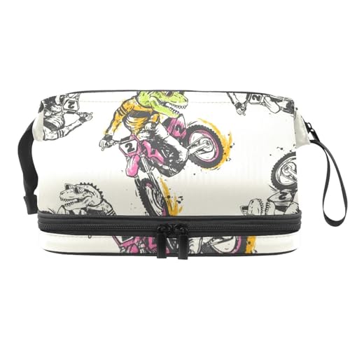Doppelschichtige Kosmetiktasche für Damen und Mädchen, Motiv: Dinosaurier-Fahren, Motorrad, Reise-Kulturbeutel, Make-up, praktische Tasche, Organizer-Tasche mit Pinselfach, multi, 27x15x14 von VAPOKF