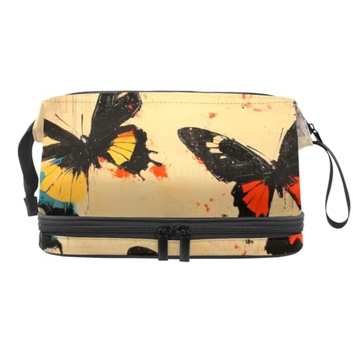 Doppelschichtige Kosmetiktasche für Damen und Mädchen, Motiv: Schmetterling auf Grunge-Hintergrund, Reise-Kulturbeutel, Make-up, praktische Tasche, Organizer-Tasche mit Pinselfach, multi, 27x15x14 von VAPOKF
