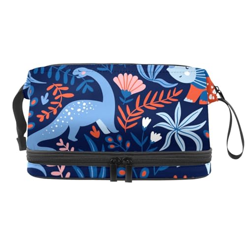 Doppelschichtige Kosmetiktasche mit Dinosaurier-Motiv und Blättern, für Damen und Mädchen, Reise-Kulturbeutel, Make-up, praktische Tasche, Organizer-Tasche mit Pinselfach, multi, 27x15x14 von VAPOKF