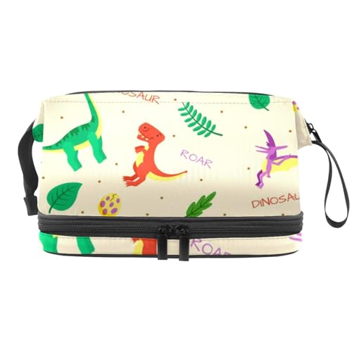 Doppelschichtige Kosmetiktasche mit Dinosaurier- und Blättermotiv für Damen und Mädchen, Reise-Kulturbeutel, Make-up, praktische Tasche, Organizer-Tasche mit Pinselfach, multi, 27x15x14 von VAPOKF