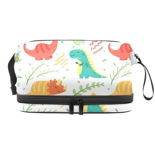 Doppelschichtige Kosmetiktasche mit Dinosaurier- und Blättermotiv für Damen und Mädchen, Reise-Kulturbeutel, Make-up, praktische Tasche, Organizer-Tasche mit Pinselfach, multi, 27x15x14 von VAPOKF