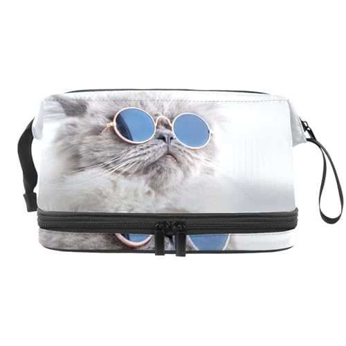 Doppelschichtige Kosmetiktasche mit Katze in Sonnenbrille, für Damen und Mädchen, Reise-Kulturbeutel, Make-up, praktische Tasche, Organizer-Tasche mit Pinselfach, multi, 27x15x14 cm/10.6x5.9x5.5 in, von VAPOKF