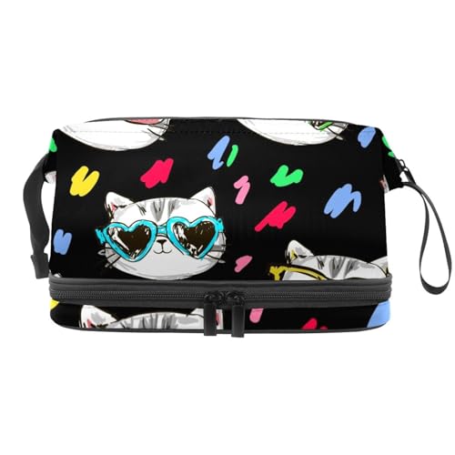Doppelschichtige Kosmetiktasche mit Katzen-Sonnenbrille, für Damen und Mädchen, Reise-Kulturbeutel, Make-up, praktische Tasche, Organizer-Tasche mit Pinselfach, multi, 27x15x14 cm/10.6x5.9x5.5 in, von VAPOKF