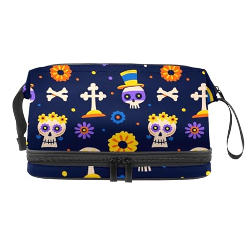 Doppelschichtige Kosmetiktasche mit Totenköpfen und Kerze, für Damen und Mädchen, Reise-Kulturbeutel, Make-up, praktische Tasche, Organizer-Tasche mit Pinselfach, multi, 27x15x14 cm/10.6x5.9x5.5 in, von VAPOKF