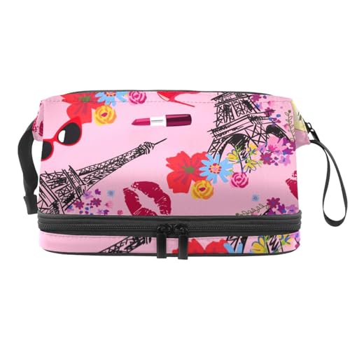 Eiffelturm Blumen Kiss High Heels Doppellagige Kosmetiktasche für Damen und Mädchen, Reise-Kulturbeutel, Make-up, praktische Tasche, Organizer Tasche mit Pinselfach, multi, 27x15x14 cm/10.6x5.9x5.5 von VAPOKF