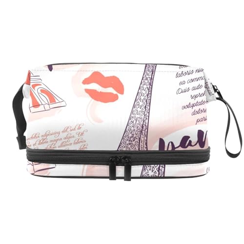 Eiffelturm Küsse Herzen Doppellagige Kosmetiktasche für Frauen und Mädchen, Reise-Kulturbeutel, Make-up, praktische Tasche, Organizer-Tasche mit Pinselfach, multi, 27x15x14 cm/10.6x5.9x5.5 in, von VAPOKF