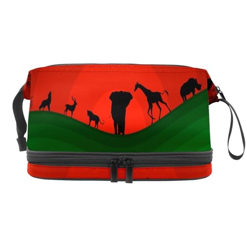 Elefant Löwe Wolf Tiere Schatten Doppellagige Kosmetiktasche für Frauen und Mädchen Reise Kulturbeutel Make-up Praktische Tasche Organizer Tasche mit Pinselfach, multi, 27x15x14 cm/10.6x5.9x5.5 in, von VAPOKF