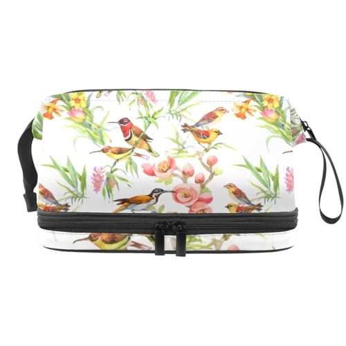 Exotic Bird and Pink Camellia Flower Double Layer Cosmetic Bag for Women and Girls Travel Toiletry Bag Makeup Handy Pouch Organizer Bag with Brush Compartment, multi, 27x15x14 cm/10.6x5.9x5.5 in, von VAPOKF
