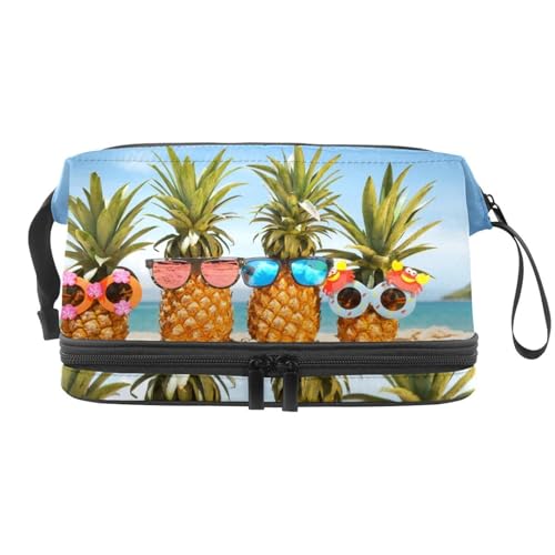 Family of Funny Ananas in Sunglasses on The Beach Double Layer Cosmetic Bag for Women and Girls Travel Toiletry Bag Makeup Handy Pouch Organizer Bag with Brush Compartment, multi, 27x15x14 von VAPOKF