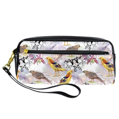 Federmäppchen, Aquarell-Fasan-Vögel in Blumen, Stifteetui, PU-Leder, Schreibwaren-Tasche mit Reißverschluss, für Jungen und Mädchen, Schul- und Bürobedarf von VAPOKF