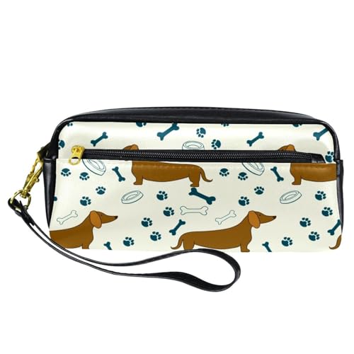Federmäppchen, Dackel, Hunde, Knochen, Pfotenabdrücke und Schalen, Stiftetasche aus PU-Leder, Schreibwaren-Tasche mit Reißverschluss, für Jungen und Mädchen, Schul- und Bürobedarf von VAPOKF
