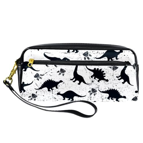 Federmäppchen, Motiv: Grunge Dinosaurier und Fußabdruck, Silhouette, Stifttasche, Tasche, PU-Leder, Schreibwaren-Tasche mit Reißverschluss, für Jungen und Mädchen, Schul- und Bürobedarf von VAPOKF