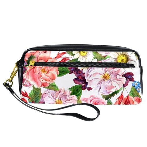 Federmäppchen, Rosen, weißes Gänseblümchen und blaue Wildblumen, Stiftetasche, PU-Leder, Schreibwaren-Tasche mit Reißverschluss, für Jungen und Mädchen, Schul- und Bürobedarf von VAPOKF