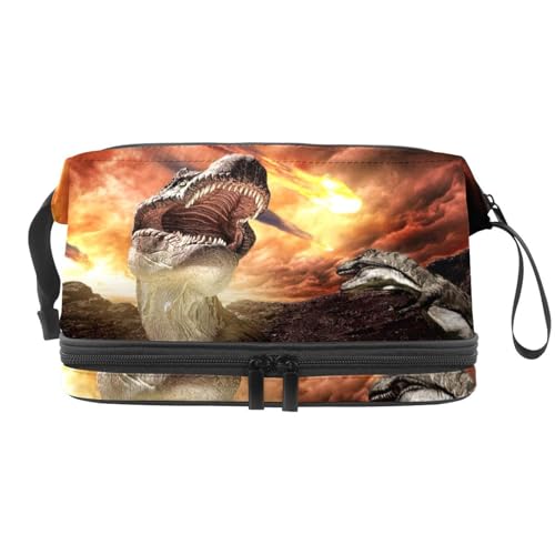 Fighting Jurassic Dinosaurier Doppellagige Kosmetiktasche für Frauen und Mädchen, Reise-Kulturbeutel, Make-up, praktische Tasche, Organizer-Tasche mit Pinselfach, multi, 27x15x14 cm/10.6x5.9x5.5 in, von VAPOKF