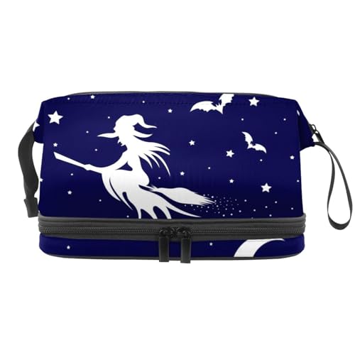 Flying Witch on Broom and Bats Double Layer Cosmetic Bag for Women and Girls, Travel Toiletry Bag Makeup Practical Pouch Organizer Bag with Brush Compartment, multi, 27x15x14 cm/10.6x5.9x5.5 in, von VAPOKF