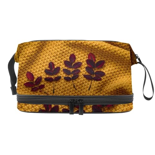 Four Brown Leave on Textile Double Layer Cosmetic Bag for Women and Girls Travel Toiletry Bag Makeup Handy Pouch Organizer Bag with Brush Compartment, multi, 27x15x14 cm/10.6x5.9x5.5 in, Kulturbeutel von VAPOKF
