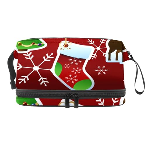 Frohe Weihnachten Grußkarte Doppellagige Kosmetiktasche für Frauen und Mädchen, Reise-Kulturbeutel, Make-up, praktische Tasche, Organizer Tasche mit Pinselfach, multi, 27x15x14 cm/10.6x5.9x5.5 in, von VAPOKF