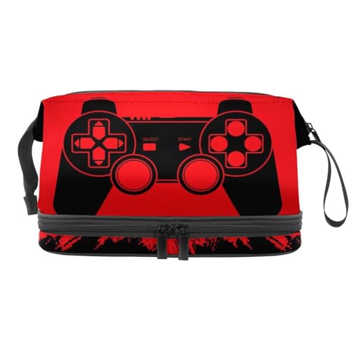 Game-Joystick auf rotem Grunge-Hintergrund, doppellagige Kosmetiktasche für Frauen und Mädchen, Reise-Kulturbeutel, Make-up, praktische Tasche, Organizer-Tasche mit Pinselfach, multi, 27x15x14 Game-Joystick auf rotem Grunge-Hintergrund, doppellagige Kosmetiktasche für Frauen und Mädchen, Reise-Kulturbeutel, Make-up, praktische Tasche, Organizer-Tasche mit Pinselfach, multi, 27x15x14 von VAPOKF