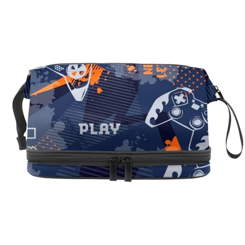 Gamepads auf Grunge Blauem Hintergrund, doppellagige Kosmetiktasche für Frauen und Mädchen, Reise-Kulturbeutel, Make-up, praktische Tasche, Organizer-Tasche mit Pinselfach, multi, 27x15x14 Gamepads auf Grunge Blauem Hintergrund, doppellagige Kosmetiktasche für Frauen und Mädchen, Reise-Kulturbeutel, Make-up, praktische Tasche, Organizer-Tasche mit Pinselfach, multi, 27x15x14 von VAPOKF