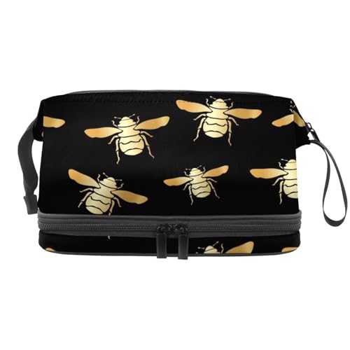 Golden Bubble Bees Pattern on Black Double Layer Cosmetic Bag for Women and Girls Travel Toiletry Bag Makeup Handy Pouch Organizer Bag with Brush Compartment, multi, 27x15x14 cm/10.6x5.9x5.5 in, von VAPOKF